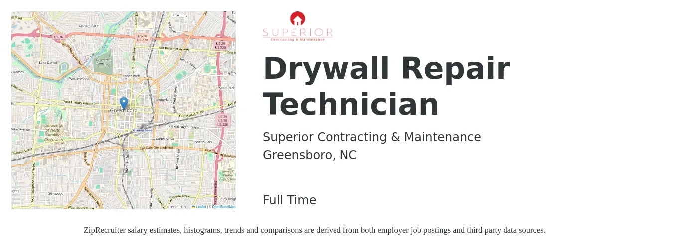 Superior Contracting & Maintenance job posting for a Drywall Repair Technician in Greensboro, NC with a salary of $20 to $26 Hourly with a map of Greensboro location.