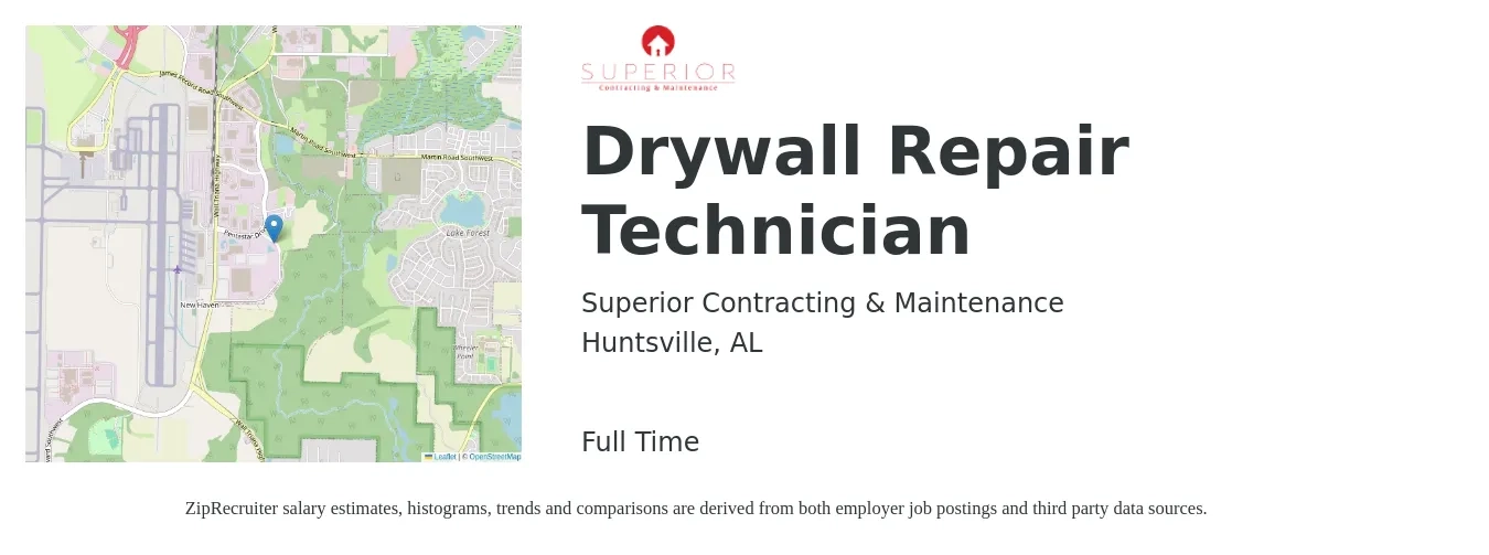 Superior Contracting & Maintenance job posting for a Drywall Repair Technician in Huntsville, AL with a salary of $20 to $26 Hourly with a map of Huntsville location.