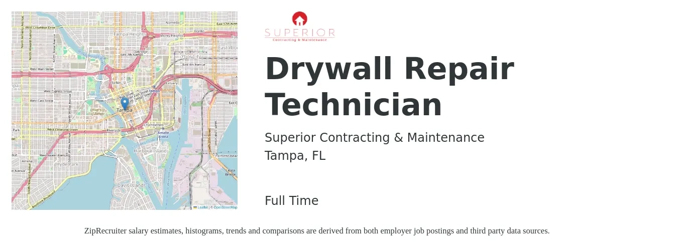 Superior Contracting & Maintenance job posting for a Drywall Repair Technician in Tampa, FL with a salary of $19 to $25 Hourly with a map of Tampa location.