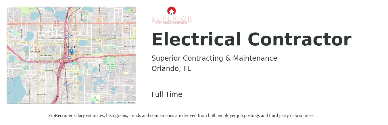 Superior Contracting & Maintenance job posting for a Electrical Contractor in Orlando, FL with a salary of $13 to $46 Hourly with a map of Orlando location.