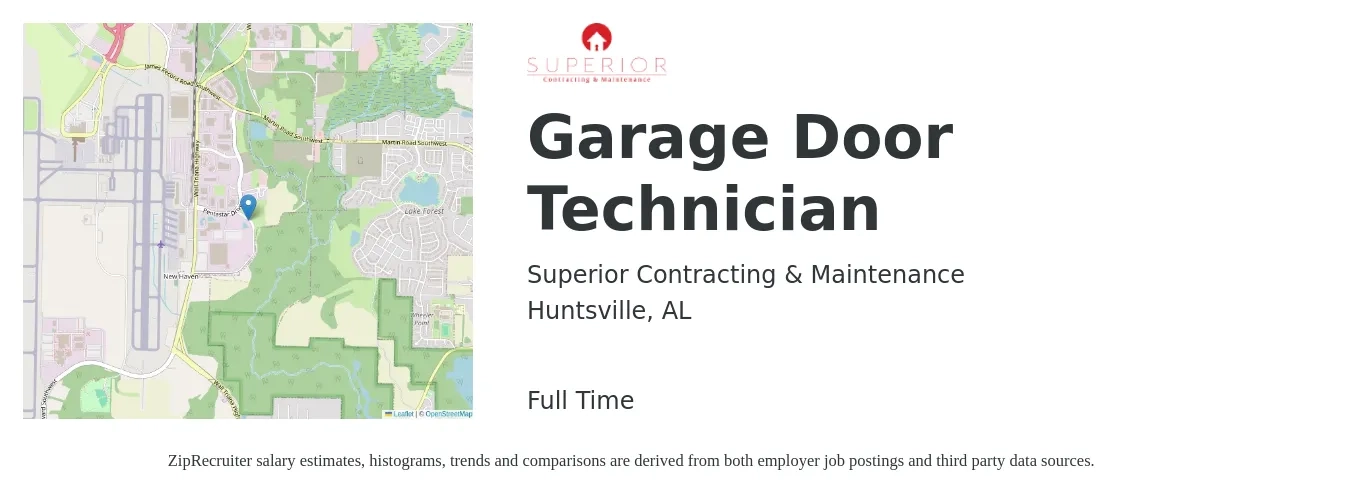 Superior Contracting & Maintenance job posting for a Garage Door Technician in Huntsville, AL with a salary of $42,900 to $67,500 Yearly with a map of Huntsville location.