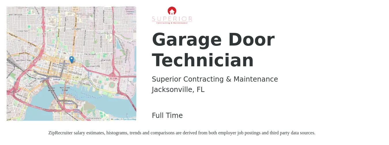 Superior Contracting & Maintenance job posting for a Garage Door Technician in Jacksonville, FL with a salary of $40,300 to $63,500 Yearly with a map of Jacksonville location.