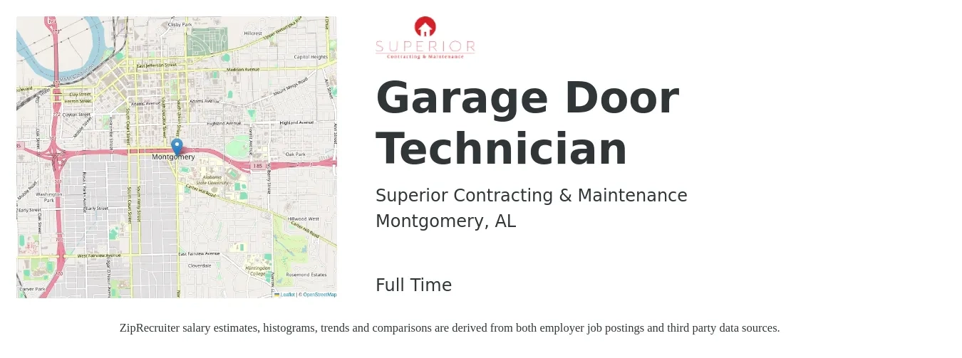 Superior Contracting & Maintenance job posting for a Garage Door Technician in Montgomery, AL with a salary of $43,000 to $67,800 Yearly with a map of Montgomery location.