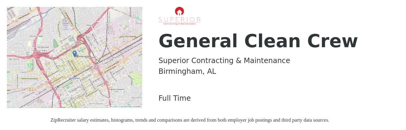 Superior Contracting & Maintenance job posting for a General Clean Crew in Birmingham, AL with a salary of $15 to $19 Hourly with a map of Birmingham location.
