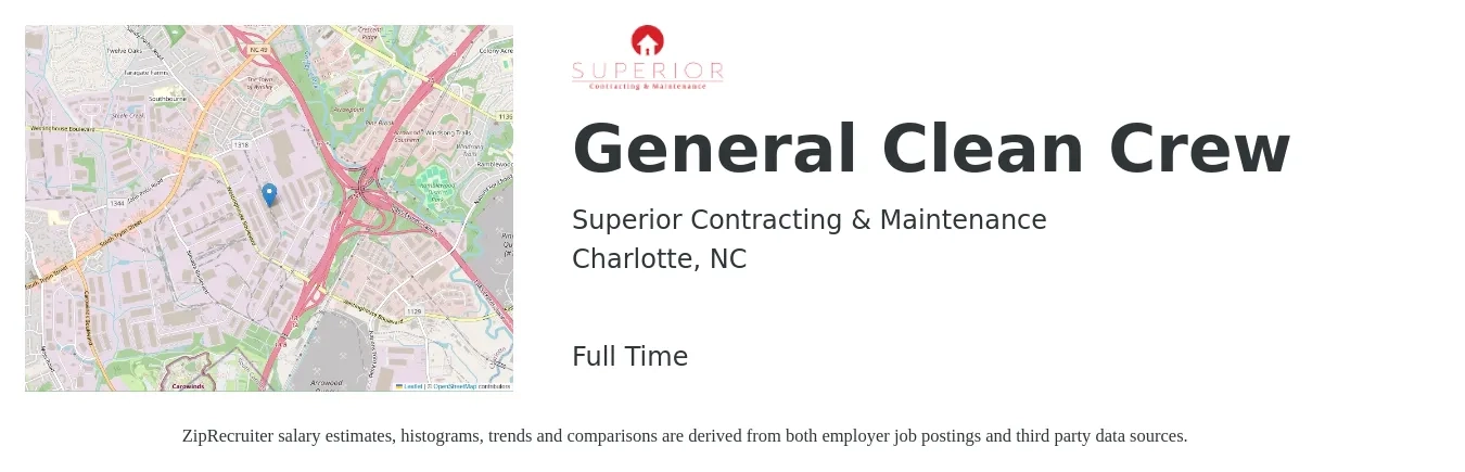 Superior Contracting & Maintenance job posting for a General Clean Crew in Charlotte, NC with a salary of $16 to $20 Hourly with a map of Charlotte location.