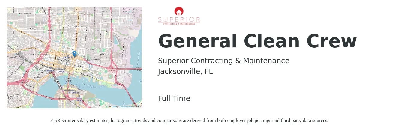 Superior Contracting & Maintenance job posting for a General Clean Crew in Jacksonville, FL with a salary of $15 to $18 Hourly with a map of Jacksonville location.