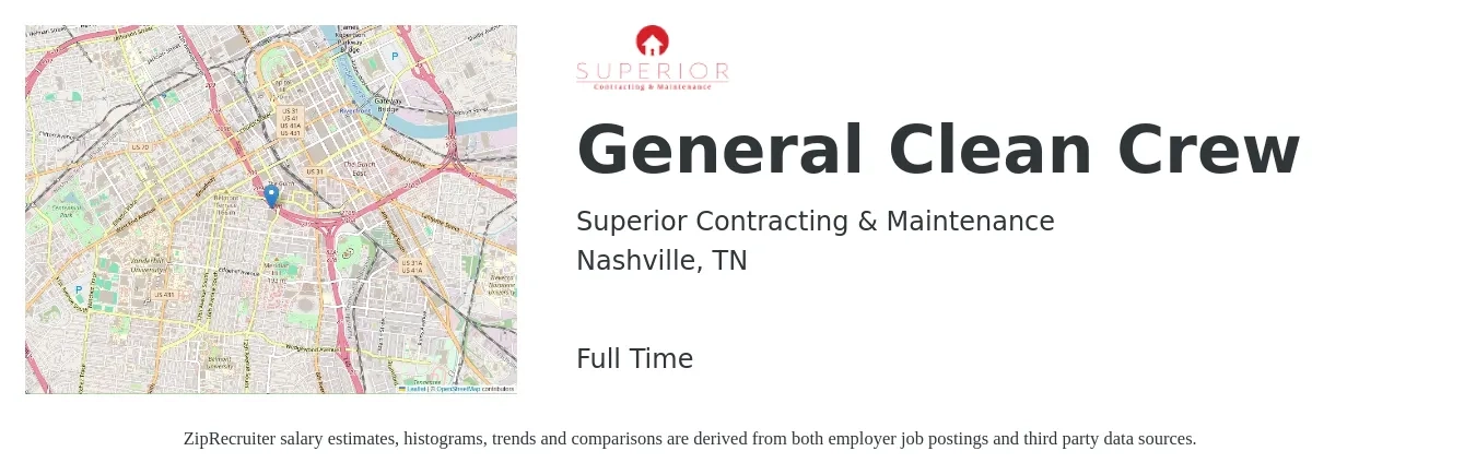 Superior Contracting & Maintenance job posting for a General Clean Crew in Nashville, TN with a salary of $16 to $19 Hourly with a map of Nashville location.