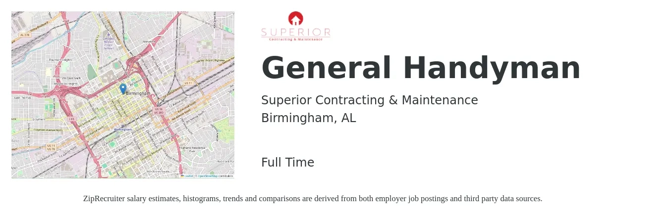 Superior Contracting & Maintenance job posting for a General Handyman in Birmingham, AL with a salary of $20 to $28 Hourly with a map of Birmingham location.