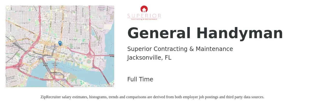 Superior Contracting & Maintenance job posting for a General Handyman in Jacksonville, FL with a salary of $20 to $28 Hourly with a map of Jacksonville location.