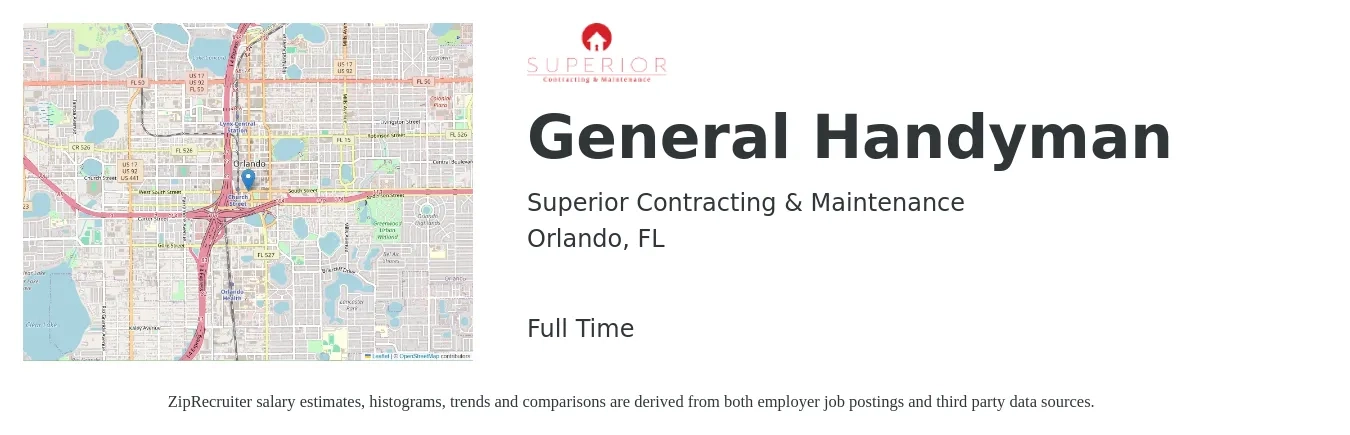 Superior Contracting & Maintenance job posting for a General Handyman in Orlando, FL with a salary of $20 to $28 Hourly with a map of Orlando location.