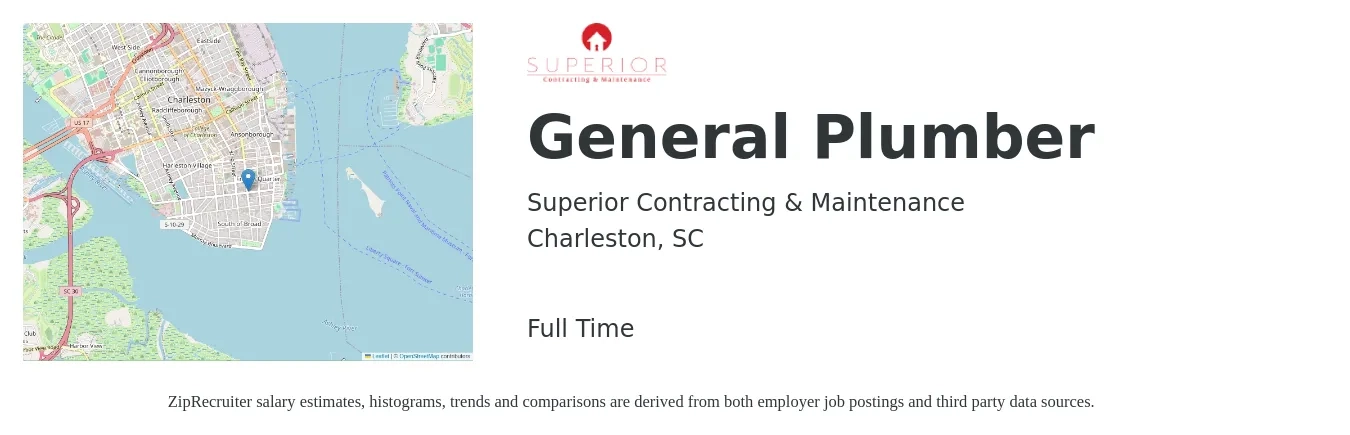 Superior Contracting & Maintenance job posting for a General Plumber in Charleston, SC with a salary of $23 to $34 Hourly with a map of Charleston location.