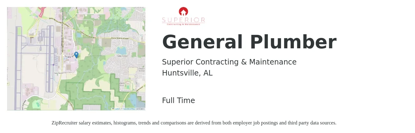 Superior Contracting & Maintenance job posting for a General Plumber in Huntsville, AL with a salary of $24 to $36 Hourly with a map of Huntsville location.