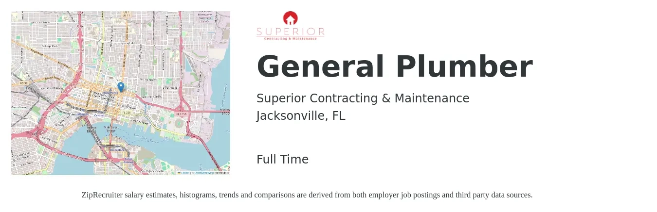 Superior Contracting & Maintenance job posting for a General Plumber in Jacksonville, FL with a salary of $23 to $34 Hourly with a map of Jacksonville location.