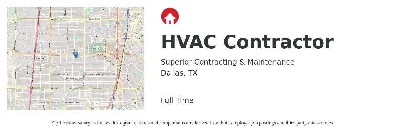 Superior Contracting & Maintenance job posting for a HVAC Contractor in Dallas, TX with a salary of $23 to $33 Hourly with a map of Dallas location.