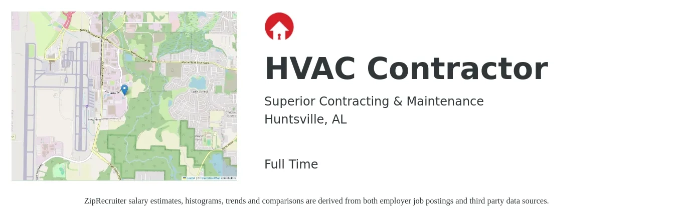Superior Contracting & Maintenance job posting for a HVAC Contractor in Huntsville, AL with a salary of $21 to $32 Hourly with a map of Huntsville location.