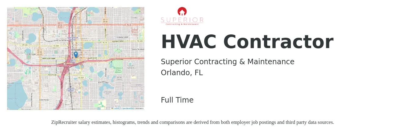 Superior Contracting & Maintenance job posting for a HVAC Contractor in Orlando, FL with a salary of $22 to $31 Hourly with a map of Orlando location.