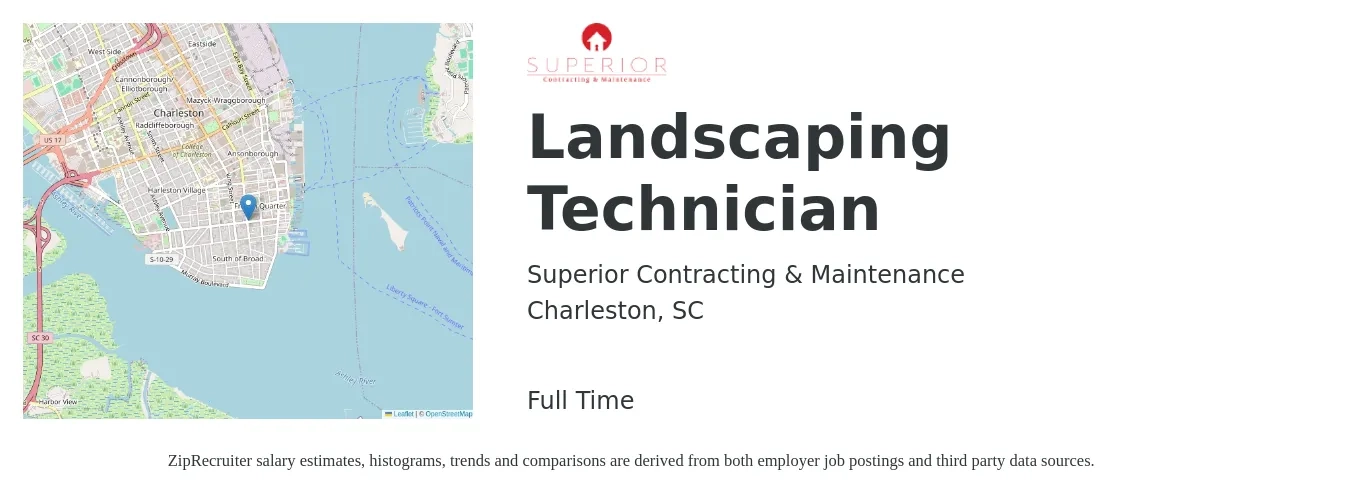 Superior Contracting & Maintenance job posting for a Landscaping Technician in Charleston, SC with a salary of $16 to $20 Hourly with a map of Charleston location.
