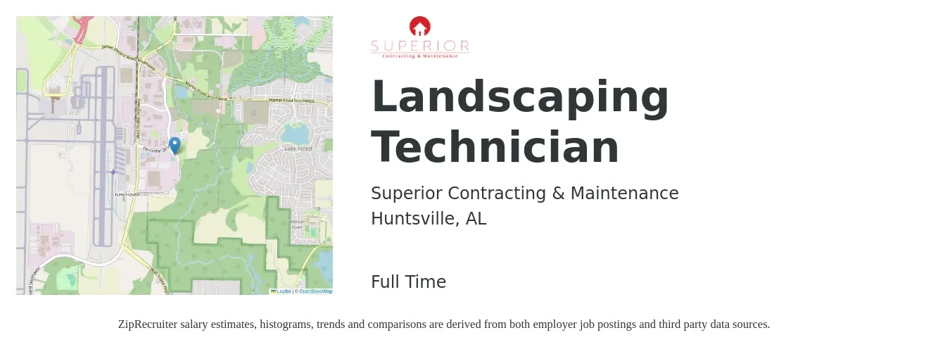 Superior Contracting & Maintenance job posting for a Landscaping Technician in Huntsville, AL with a salary of $16 to $21 Hourly with a map of Huntsville location.
