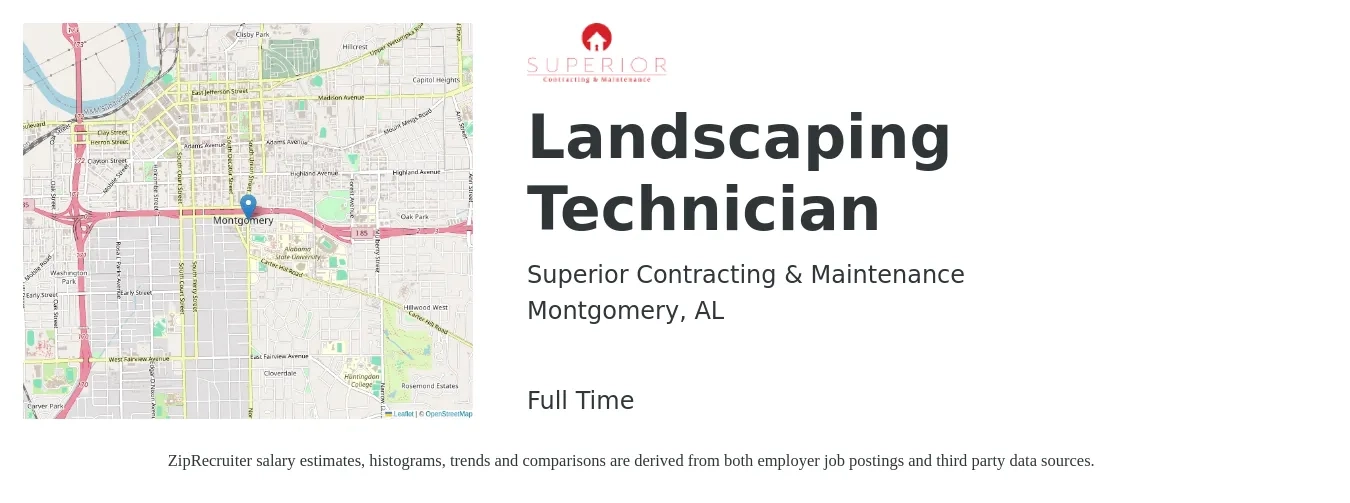 Superior Contracting & Maintenance job posting for a Landscaping Technician in Montgomery, AL with a salary of $16 to $21 Hourly with a map of Montgomery location.