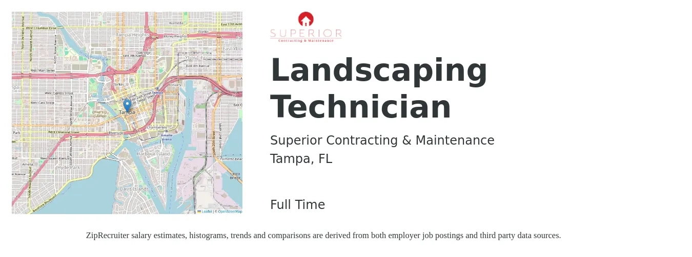 Superior Contracting & Maintenance job posting for a Landscaping Technician in Tampa, FL with a salary of $16 to $20 Hourly with a map of Tampa location.