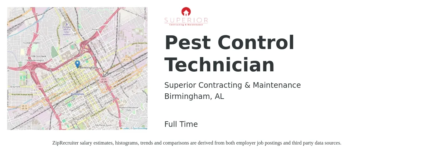 Superior Contracting & Maintenance job posting for a Pest Control Technician in Birmingham, AL with a salary of $17 to $22 Hourly with a map of Birmingham location.