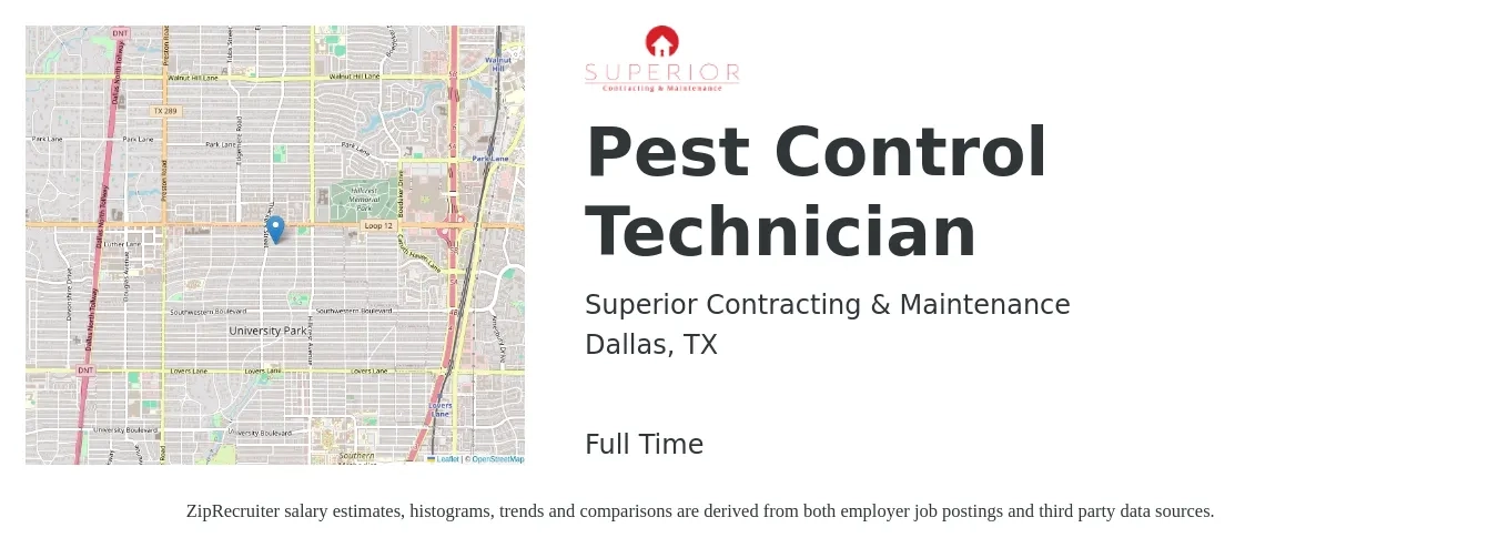 Superior Contracting & Maintenance job posting for a Pest Control Technician in Dallas, TX with a salary of $18 to $24 Hourly with a map of Dallas location.