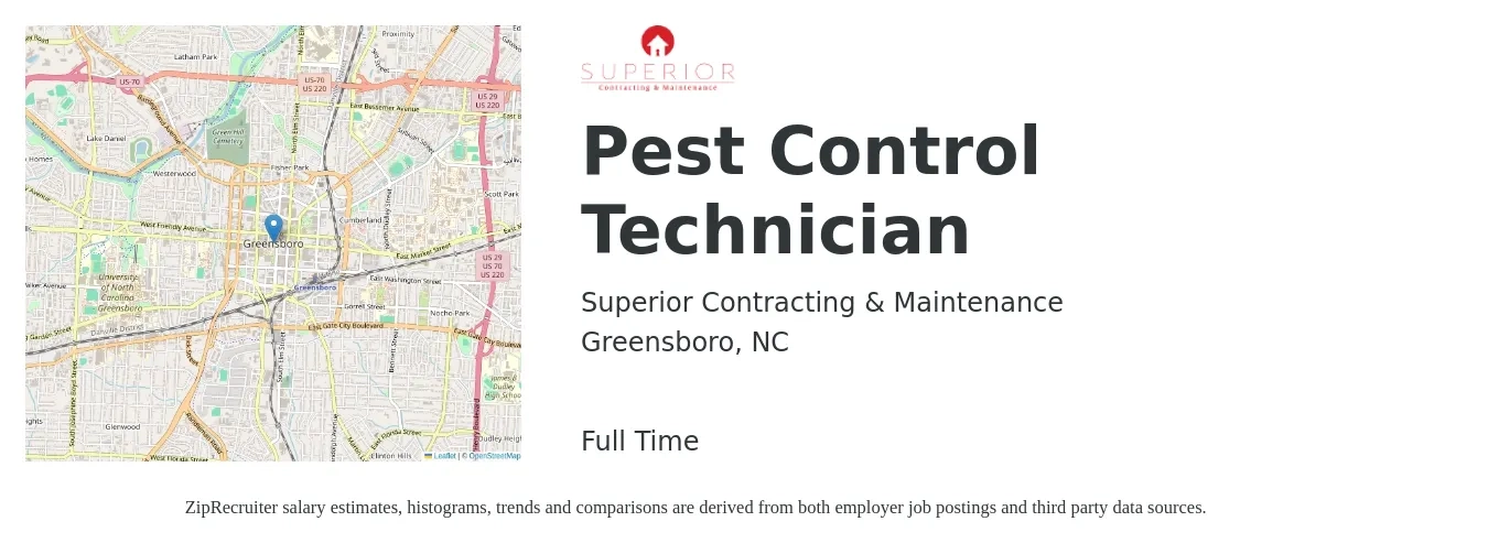 Superior Contracting & Maintenance job posting for a Pest Control Technician in Greensboro, NC with a salary of $18 to $23 Hourly with a map of Greensboro location.