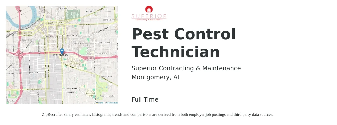 Superior Contracting & Maintenance job posting for a Pest Control Technician in Montgomery, AL with a salary of $18 to $24 Hourly with a map of Montgomery location.
