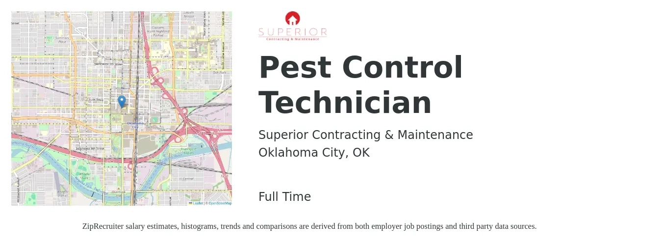 Superior Contracting & Maintenance job posting for a Pest Control Technician in Oklahoma City, OK with a salary of $17 to $22 Hourly with a map of Oklahoma City location.
