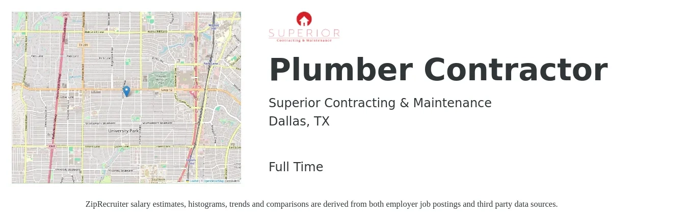 Superior Contracting & Maintenance job posting for a Plumber Contractor in Dallas, TX with a salary of $24 to $36 Hourly with a map of Dallas location.