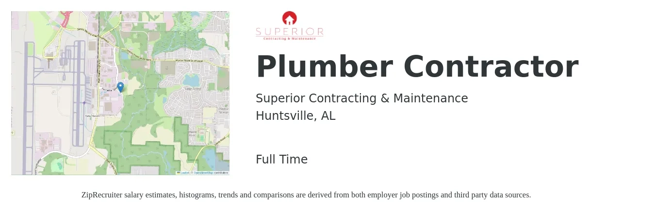 Superior Contracting & Maintenance job posting for a Plumber Contractor in Huntsville, AL with a salary of $24 to $36 Hourly with a map of Huntsville location.