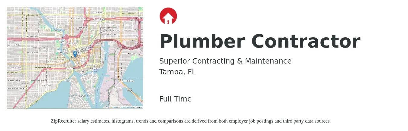 Superior Contracting & Maintenance job posting for a Plumber Contractor in Tampa, FL with a salary of $24 to $34 Hourly with a map of Tampa location.