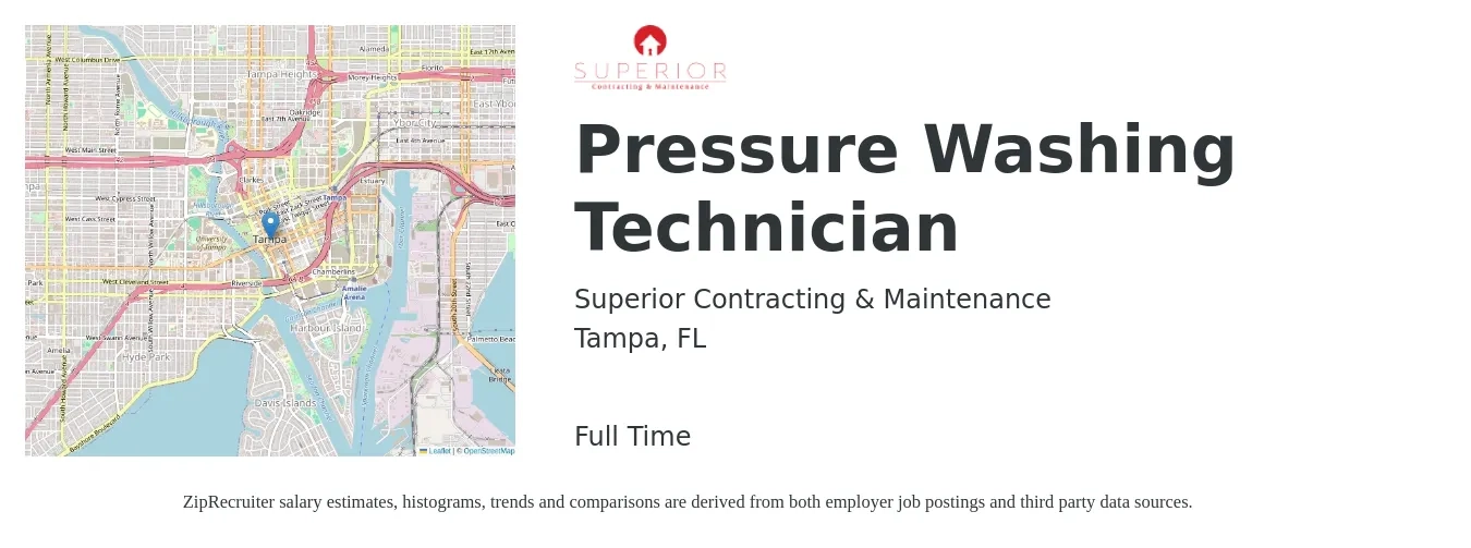 Superior Contracting & Maintenance job posting for a Pressure Washing Technician in Tampa, FL with a salary of $16 to $20 Hourly with a map of Tampa location.