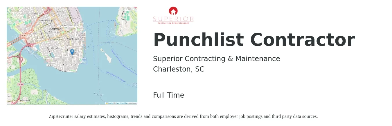Superior Contracting & Maintenance job posting for a Punchlist Contractor in Charleston, SC with a salary of $56,100 to $88,400 Yearly with a map of Charleston location.