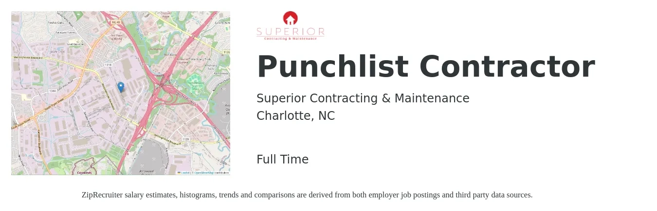Superior Contracting & Maintenance job posting for a Punchlist Contractor in Charlotte, NC with a salary of $58,600 to $92,300 Yearly with a map of Charlotte location.