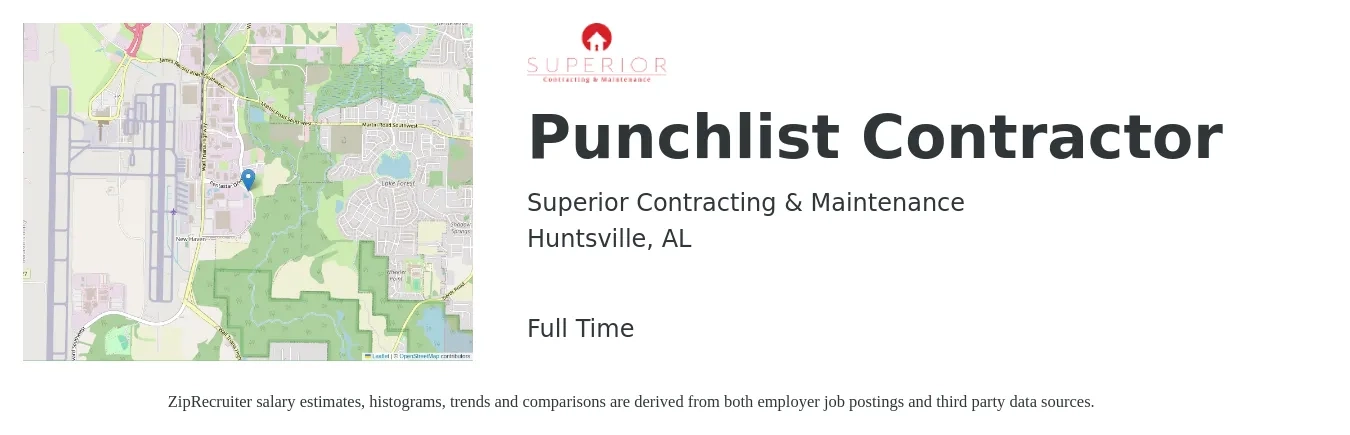 Superior Contracting & Maintenance job posting for a Punchlist Contractor in Huntsville, AL with a salary of $59,100 to $93,100 Yearly with a map of Huntsville location.