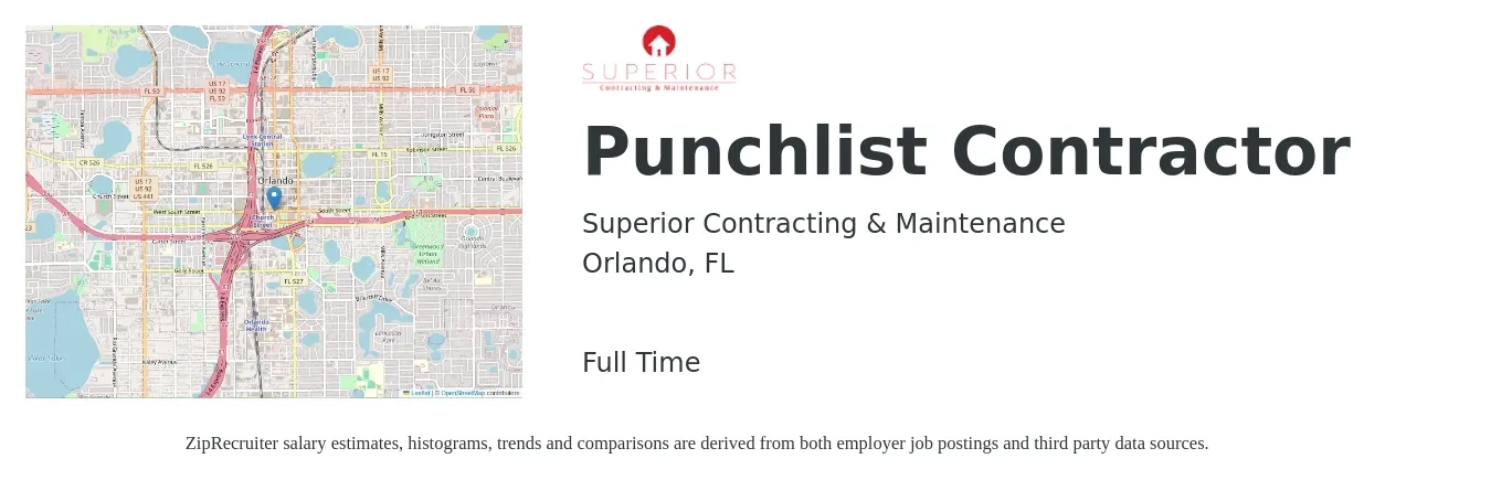 Superior Contracting & Maintenance job posting for a Punchlist Contractor in Orlando, FL with a salary of $56,000 to $88,200 Yearly with a map of Orlando location.