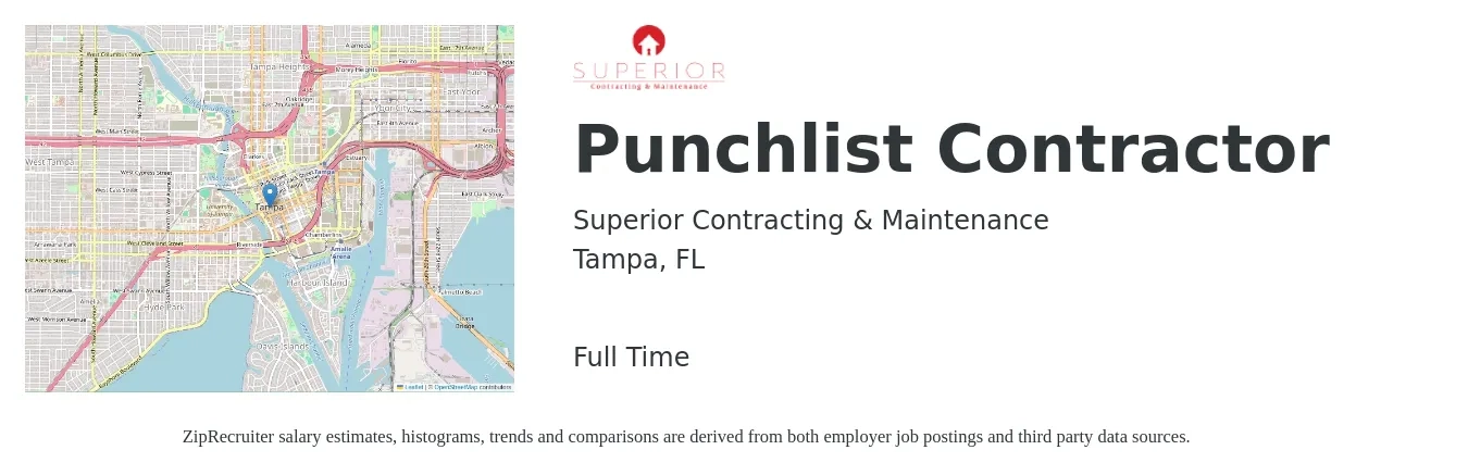 Superior Contracting & Maintenance job posting for a Punchlist Contractor in Tampa, FL with a salary of $56,700 to $89,300 Yearly with a map of Tampa location.