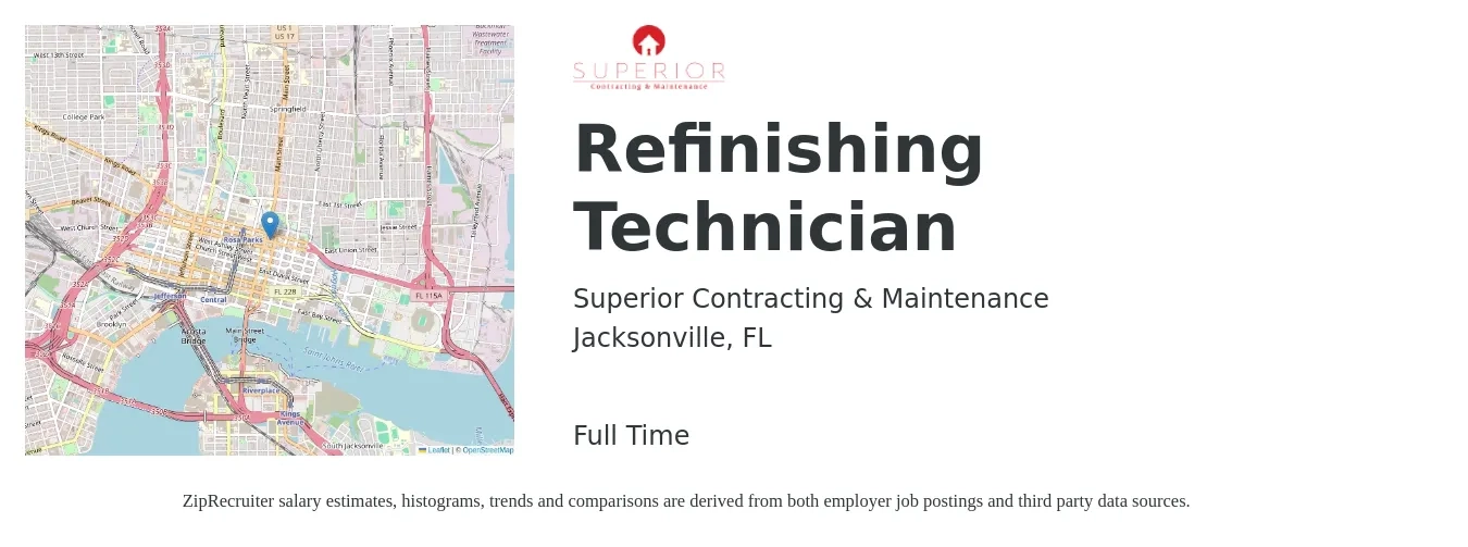 Superior Contracting & Maintenance job posting for a Refinishing Technician in Jacksonville, FL with a salary of $17 to $24 Hourly with a map of Jacksonville location.
