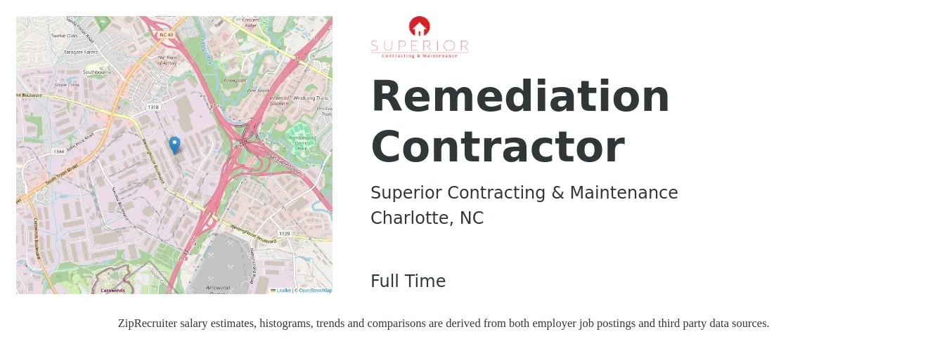 Superior Contracting & Maintenance job posting for a Remediation Contractor in Charlotte, NC with a salary of $18 to $23 Hourly with a map of Charlotte location.
