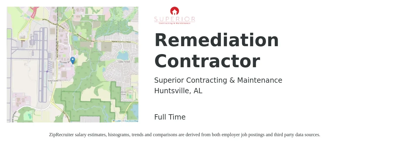Superior Contracting & Maintenance job posting for a Remediation Contractor in Huntsville, AL with a salary of $18 to $23 Hourly with a map of Huntsville location.