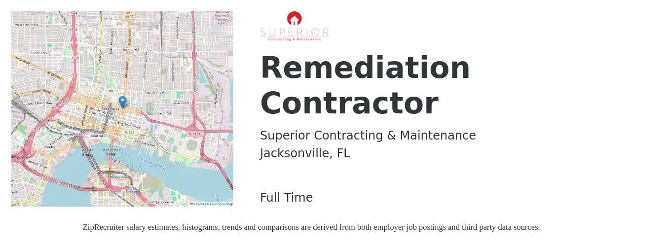 Superior Contracting & Maintenance job posting for a Remediation Contractor in Jacksonville, FL with a salary of $17 to $22 Hourly with a map of Jacksonville location.