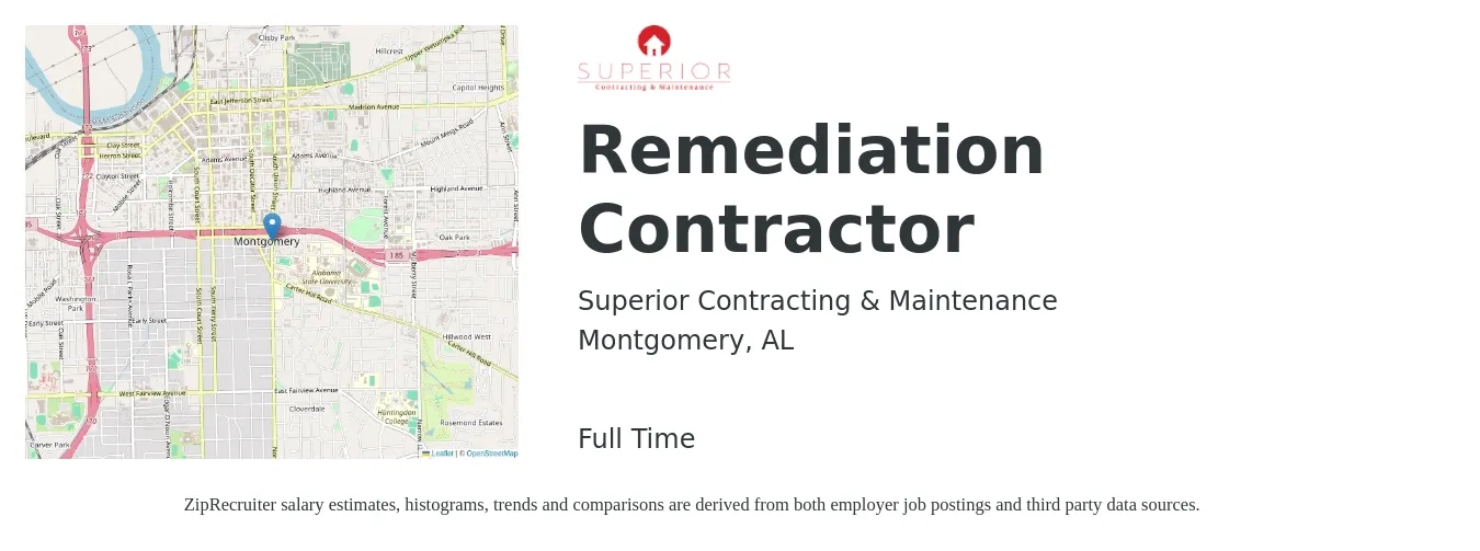 Superior Contracting & Maintenance job posting for a Remediation Contractor in Montgomery, AL with a salary of $18 to $23 Hourly with a map of Montgomery location.