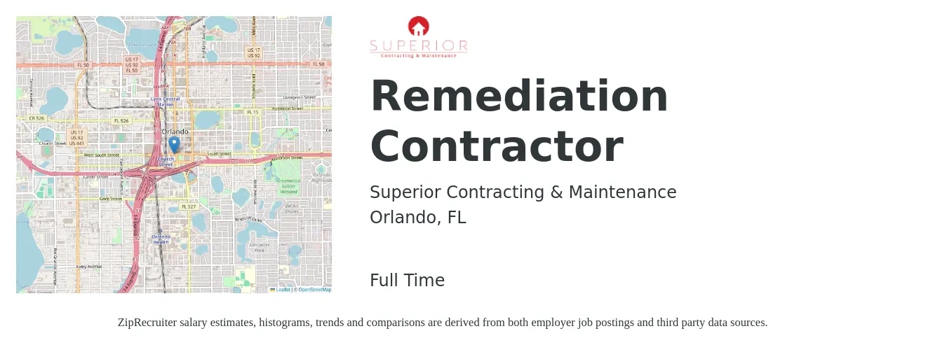 Superior Contracting & Maintenance job posting for a Remediation Contractor in Orlando, FL with a salary of $17 to $22 Hourly with a map of Orlando location.