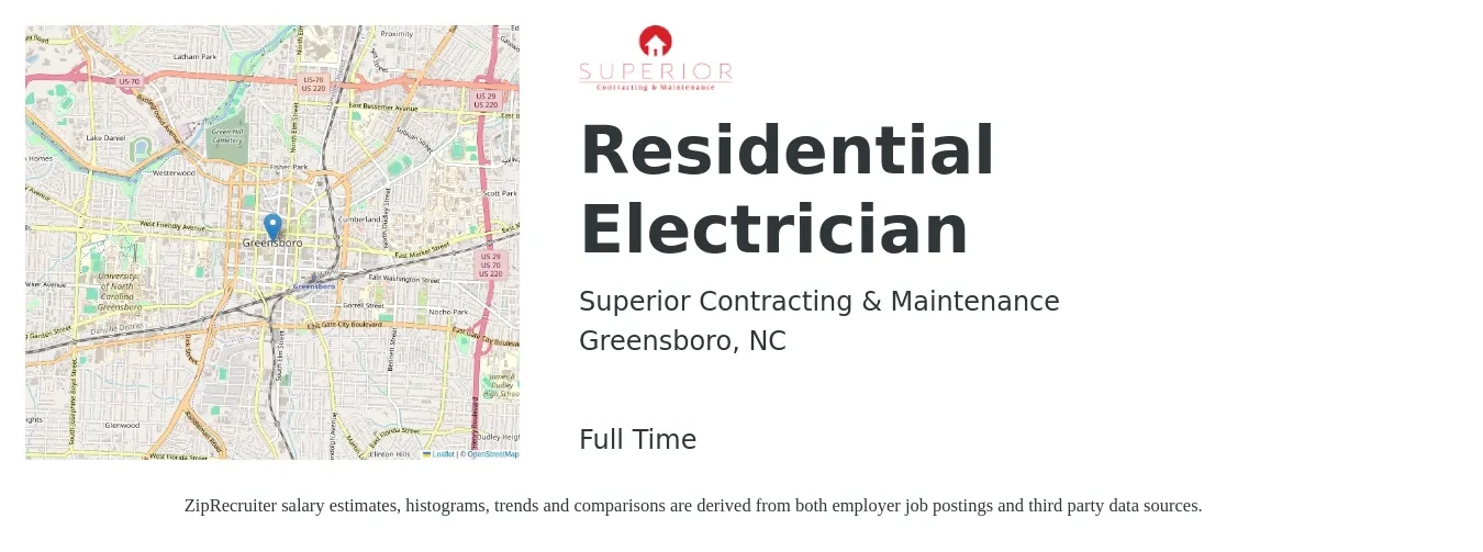 Superior Contracting & Maintenance job posting for a Residential Electrician in Greensboro, NC with a salary of $23 to $33 Hourly with a map of Greensboro location.