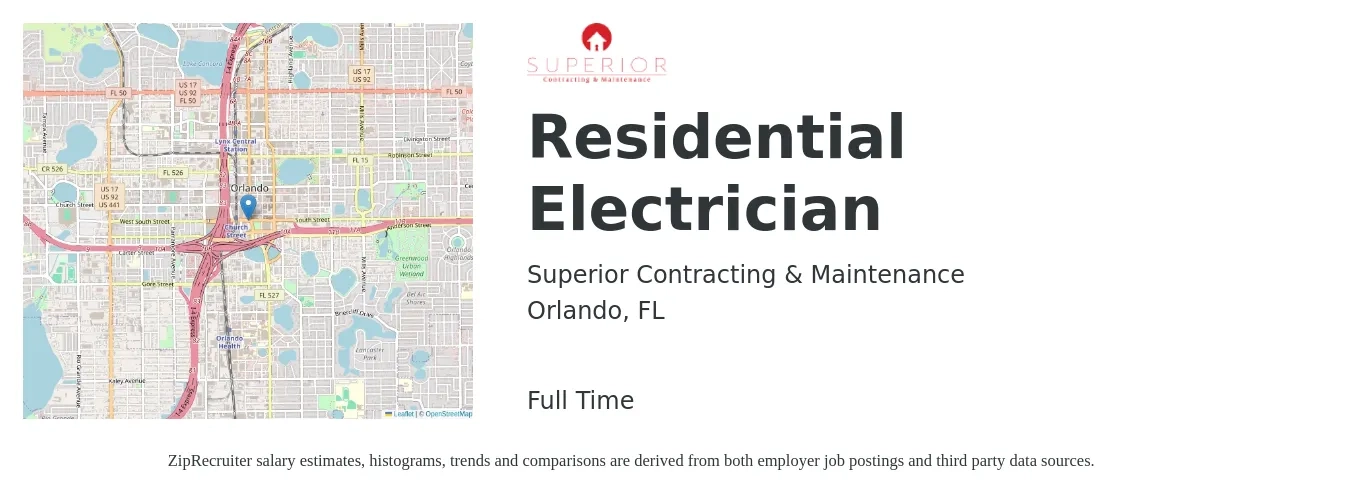 Superior Contracting & Maintenance job posting for a Residential Electrician in Orlando, FL with a salary of $22 to $32 Hourly with a map of Orlando location.