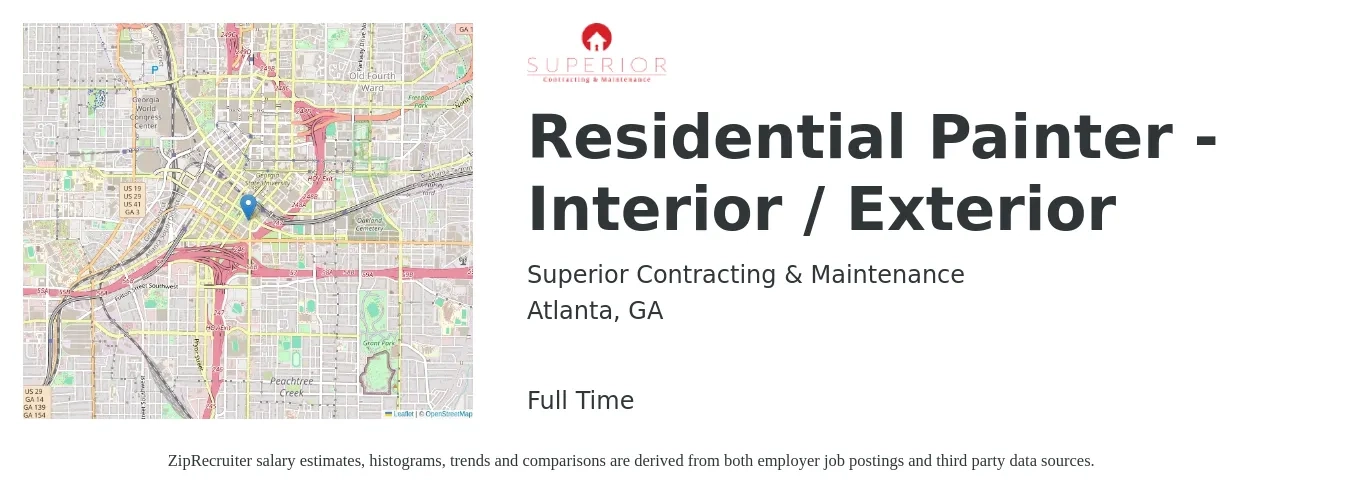Superior Contracting & Maintenance job posting for a Residential Painter - Interior / Exterior in Atlanta, GA with a salary of $18 to $24 Hourly with a map of Atlanta location.