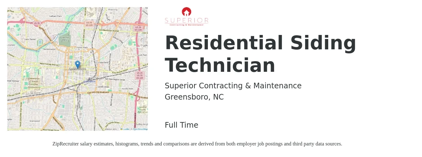 Superior Contracting & Maintenance job posting for a Residential Siding Technician in Greensboro, NC with a salary of $19 to $27 Hourly with a map of Greensboro location.