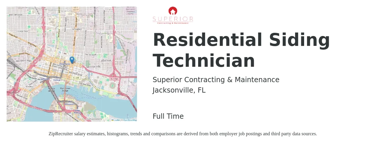 Superior Contracting & Maintenance job posting for a Residential Siding Technician in Jacksonville, FL with a salary of $18 to $26 Hourly with a map of Jacksonville location.