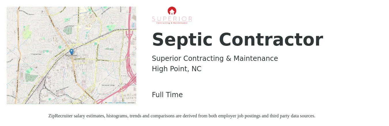 Superior Contracting & Maintenance job posting for a Septic Contractor in High Point, NC with a salary of $18 to $24 Hourly with a map of High Point location.
